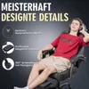 A young man is relaxing in a gaming chair, listening to music with headphones. The image highlights the chair's features with text and icons. Produktbild-Vorschau