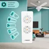 A white ceiling fan is shown in a modern living room setting, with a remote control and icons with German text explaining its features laid out on a blue and white background. Produktbild-Vorschau