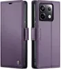 A purple leather flip case for a smartphone is shown from two angles. Produktbild-Vorschau