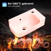 A pink sink is shown with flames and text indicating it is fired at 1280°C and is hard and scratch-resistant. Anteprima dell’immagine prodotto