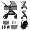 A collage of images showing a stroller and its accessories, including a car seat and a bassinet. Náhled obrázku produktu
