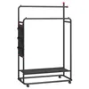 A black metal garment rack with two hanging bars and a shelf at the bottom. It has three black fabric pockets attached to the left side and is on wheels. Produktbild-Vorschau