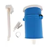 A collection of pool skimmer components, including a blue cylindrical body with a white rim and a white lever mechanism, along with various fasteners and a hose clamp, arranged on a white background. Produktbild-Vorschau