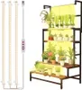 A set of three LED grow lights and a multi-tiered plant stand with various plants under the lights. Produktbild-Vorschau