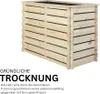 A wooden planter box with text describing its features. Produktbild-Vorschau