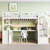 A white loft bed with a desk and storage stairs, set up in a child's room with a light green wall. Produktbild-Vorschau