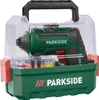 A green and black Parkside cordless screwdriver with accessories in a clear plastic case. Produktbild-Vorschau