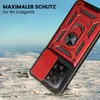 A rugged red and black phone case with a camera cover and ring stand is shown in a snowy, outdoor environment. Produktbild-Vorschau