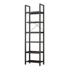 A tall, narrow, six-shelf bookcase with a dark wood finish and a dark metal frame. Podgląd zdjęcia produktu