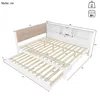 A technical drawing of a white bed frame with a beige upholstered headboard, showing dimensions and features. Produktbild-Vorschau