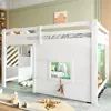 A child's bedroom with a white loft bed, decorated with stuffed animals and toys. Voir les images du produit