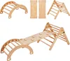 A collage of images showing a wooden Montessori climbing set in various configurations and individual components. Náhled obrázku produktu