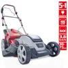 A red and silver electric lawnmower is shown against a white background, with a vertical strip of marketing icons and text on the right. Produktbild-Vorschau
