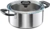 A stainless steel pot with a glass lid and black handles, shown from a slightly elevated side angle. Podgląd zdjęcia produktu