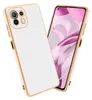 A white phone case with gold trim is shown diagonally, with a smartphone displaying a pink and white abstract wallpaper in the background. Produktbild-Vorschau