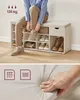 A person is sitting on a shoe storage bench, tying their shoe. The bottom half of the image shows a close-up of the bench's cushion and icons indicating breathability and comfort. Náhled obrázku produktu