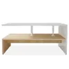 A modern coffee table with a white top and a wooden lower shelf, supported by clear cylindrical legs. Podgląd zdjęcia produktu