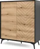 A highboard cabinet with two doors, one with a plain wood finish and the other with a chevron pattern, set against a white background. Produktbild-Vorschau