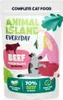 A pouch of cat food with illustrations of a cat, a person, and a cow. Produktbild-Vorschau