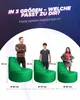 Three green beanbag chairs of different sizes are shown with people standing next to them to indicate scale. Dimensions are provided for each chair. Produktbild-Vorschau