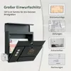A dark gray mailbox with its door open, showing letters inside. The image also includes text and smaller images illustrating what can fit inside. Produktbild-Vorschau