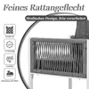 Close-up of a grey woven chair armrest with white frame, next to icons and text describing product features. Produktbild-Vorschau