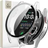 A transparent protective case is shown fitted over a smartwatch, with the watch face displaying the time and fitness data. A product box is partially visible on the left. Voir les images du produit