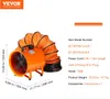 An orange industrial fan with an attached flexible orange duct is shown next to a white information panel with product specifications. Produktbild-Vorschau