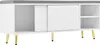 A white shoe bench with a gray cushion on top, featuring sliding doors and open shelving, supported by gold legs. Produktbild-Vorschau