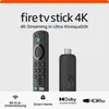 A promotional image showing the Amazon Fire TV Stick 4K and its remote, along with feature icons. Produktbild-Vorschau