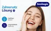 A young woman is laughing and holding her face, with marketing text and icons on the left side of the image. Produktbild-Vorschau