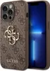 A close-up view of a brown phone case with a repeating Guess logo pattern and a prominent gold Guess logo. Podgląd zdjęcia produktu