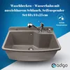 A sink with a faucet and soap dispenser against a blue and white background. Anteprima dell’immagine prodotto