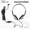A pair of black and silver headphones with a long coiled cable and an inline volume control, presented on a white background with text overlays. Produktbild-Vorschau