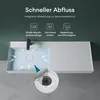 A white sink with a black faucet and a close-up of the drain. Produktbild-Vorschau
