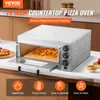 A countertop pizza oven is shown on a kitchen counter with a pizza inside and another pizza on a wooden board next to it. Icons and text describe its features. Produktbild-Vorschau