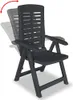 A dark gray plastic garden chair shown from a three-quarter angle, with ghosted images indicating its adjustable backrest. Produktbild-Vorschau