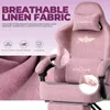 A pink gaming chair with marketing text and icons. Podgląd zdjęcia produktu