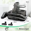 A carpet cleaner with its accessories is displayed on a white surface, with measurements indicated. Produktbild-Vorschau