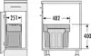 Diagrams showing the dimensions of a pull-out waste bin system installed in a cabinet. Produktbild-Vorschau