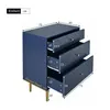 A 3D rendering of a navy blue chest of drawers with gold legs and drawer pulls, showing dimensions. Produktbild-Vorschau