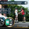 Two children are riding hoverboards outdoors, with text overlays describing product features. Produktbild-Vorschau