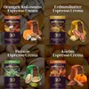 A collage of four different flavors of coffee capsules, each with its corresponding flavor ingredients. Voir les images du produit