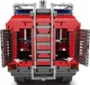 Rear view of a red and gray toy fire truck with its side compartments open. Voir les images du produit