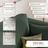 Marketing collage showing details and features of a green corduroy sofa. Voir les images du produit