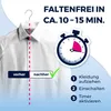 A split image showing a shirt before and after being treated by a garment steamer, with a stopwatch graphic and instructional steps. Produktbild-Vorschau