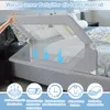A baby bed rail installed on a bed, with illustrative icons below highlighting features. Voir les images du produit