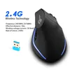 A black wireless mouse with blue LED accents and a USB receiver, shown with technical specifications. Produktbild-Vorschau