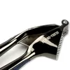 A close-up view of a black metal garlic press with silver accents and blue grips. Podgląd zdjęcia produktu