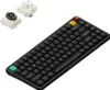 A black Nuphy Air75 V3 mechanical keyboard is shown on a white background, with two keyboard switches in the upper left corner. Produktbild-Vorschau